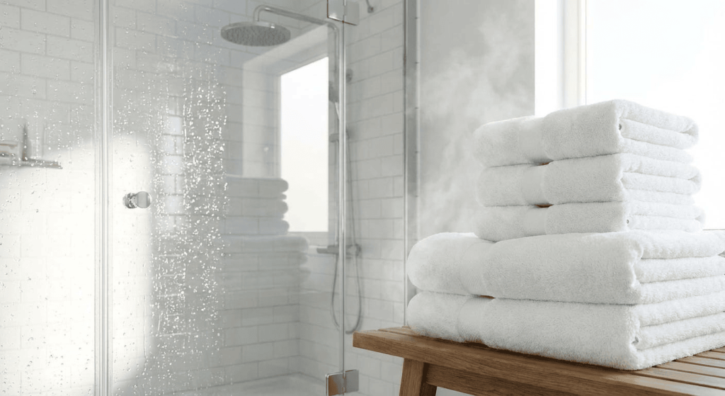 Results of deep cleaning with soap: a spotless glass shower door.