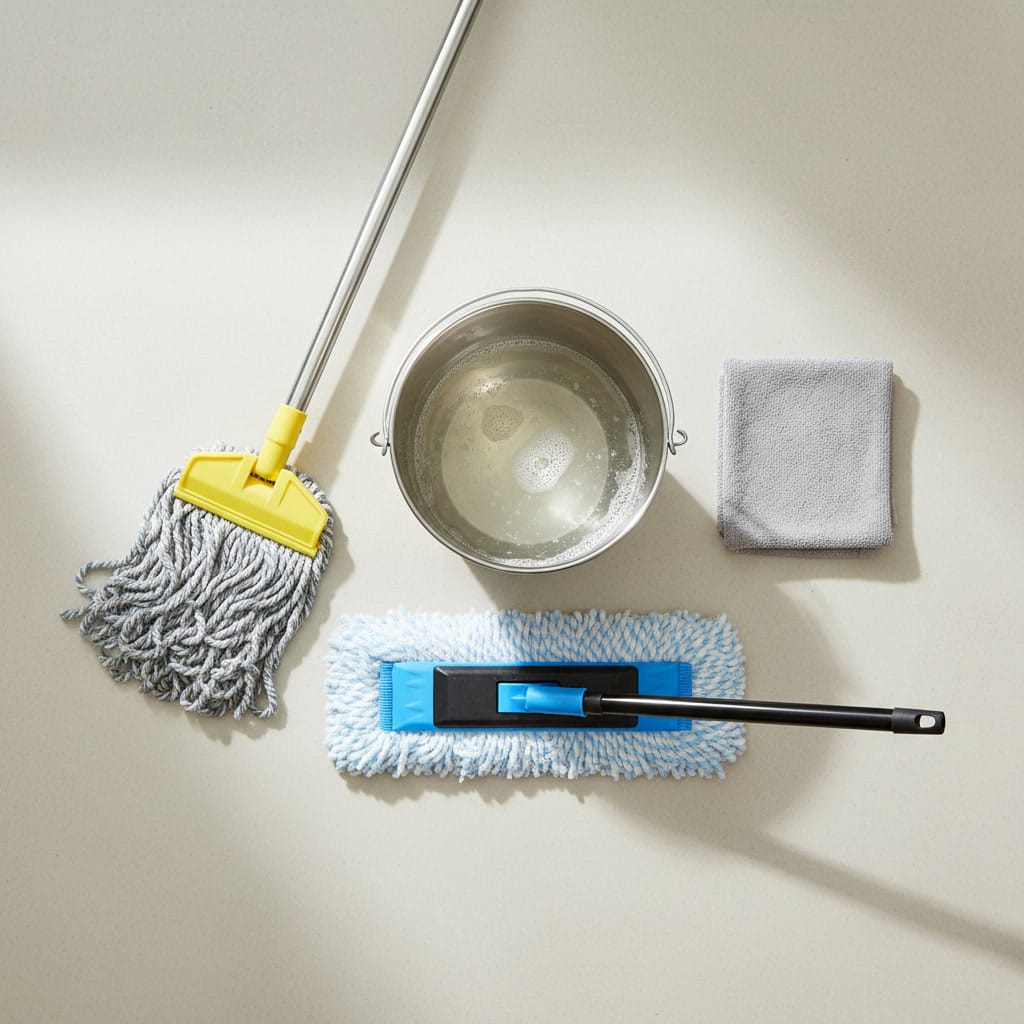 Essential tools and supplies for cleaning hardwood floors properly.