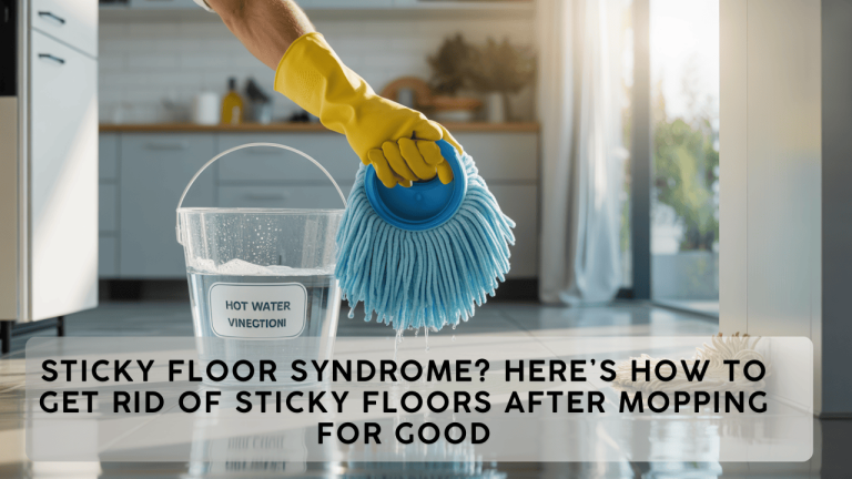 How to get rid of sticky floors after mopping: wringing out a clean mop over a bucket of hot rinse water to prevent residue.