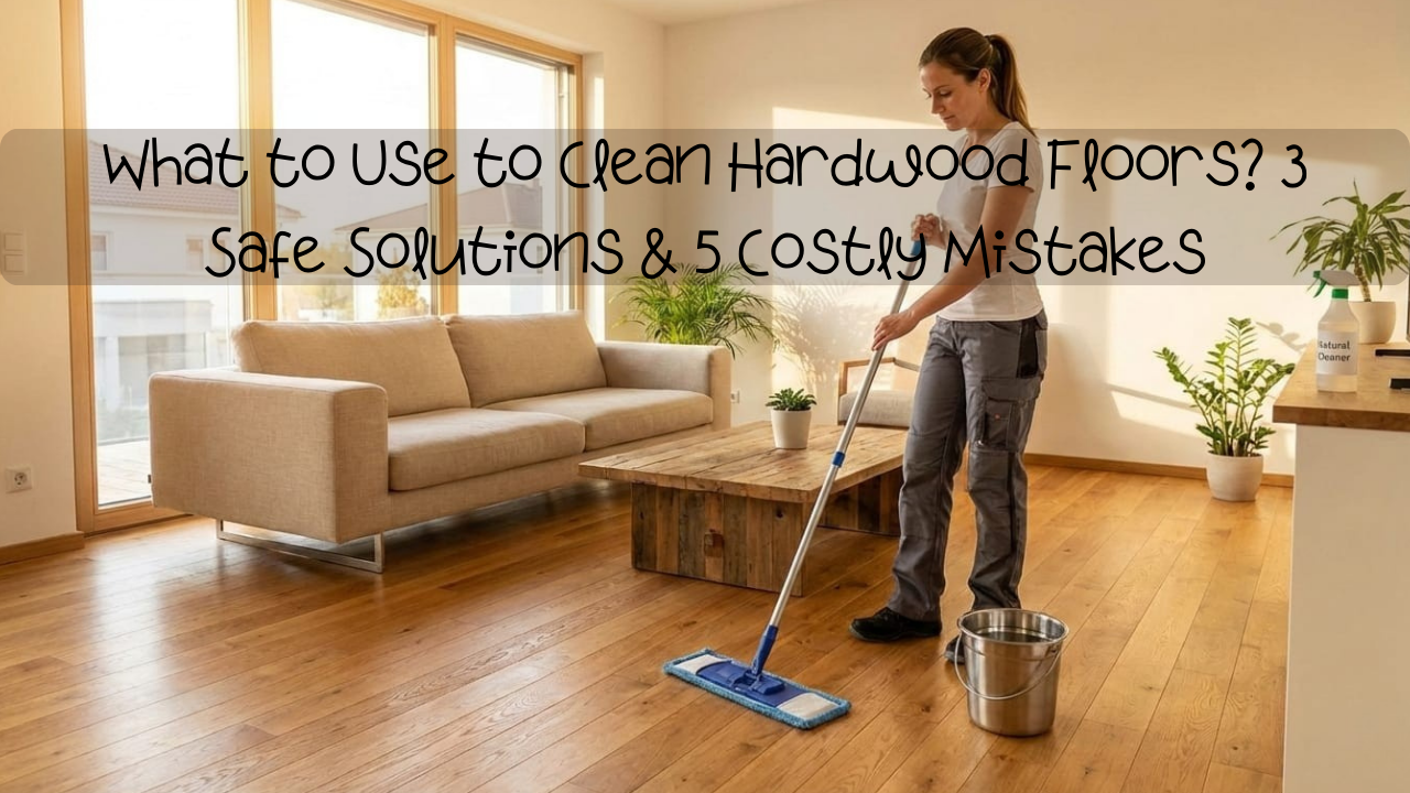 A woman safely cleaning hardwood floors using a microfiber mop and natural cleaning solution in a bright modern home